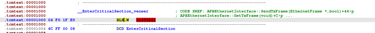 IDA linear view showing opcode 0x04 F0 1F E5 disassembled as "blx.w 0x405a42"