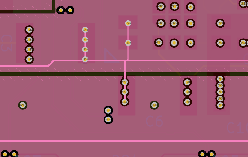 Screenshot of a decoupling capacitor with vias going to just off a power plane