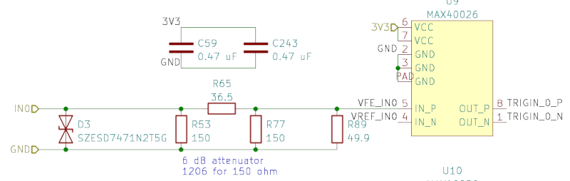 Schematic of input showing pi attenuator, protection diode, and comparator