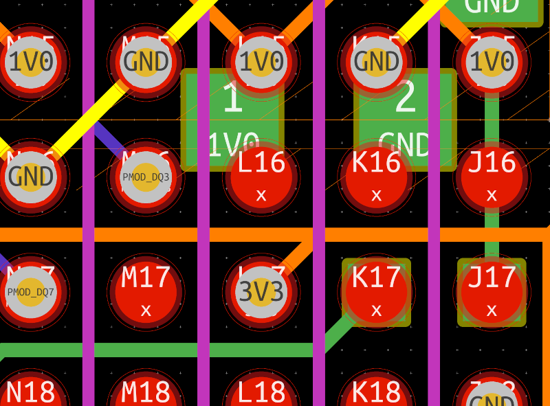 KiCAD screenshot of dense BGA breakout with four signal layers plus power and ground fanning out from BGA lands near the target L16 land