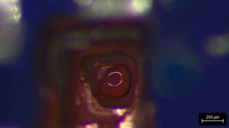 Microscope view showing the back side of the target BGA land, not yet exposed