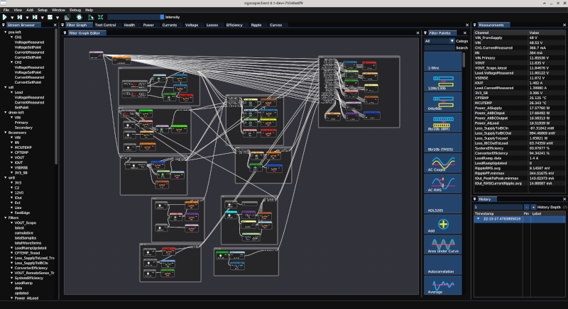 ngscopeclient screenshot showing a complex filter graph, zoomed out too far to see much detail