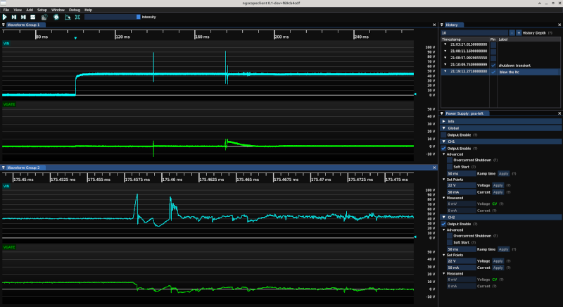 ngscopeclient screenshot showing 48V input rail with spikes to nearly 100V