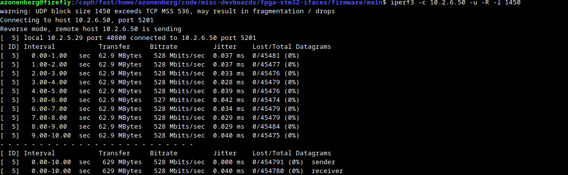 iperf3 screenshot showing 528 Mbps of UDP traffic