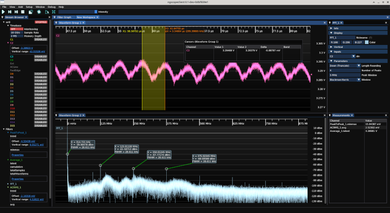 ngscopeclient screenshot showing 300 kHz ripple with some high frequency noise superimposed