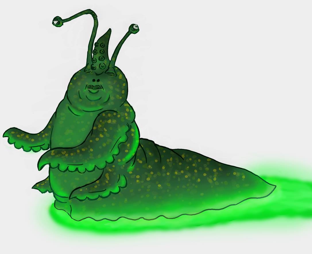 A green slug-like creature with two eyes on stalks on the top of its head, flanking a short octopus-like tentacle.
Four more arm-like tentacles, two on either side, hang off the body. The creature is oozing along the ground leaving a
glowing green trail in its wake.