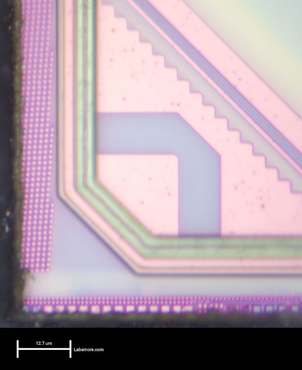 Die corner showing distinctive mitered corner TSMC fiducial